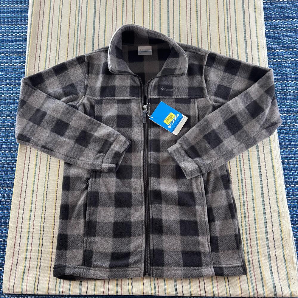 Columbia Jacket Mens Large Gray Black Fleece Full Zip Plaid Outdoor Layer New